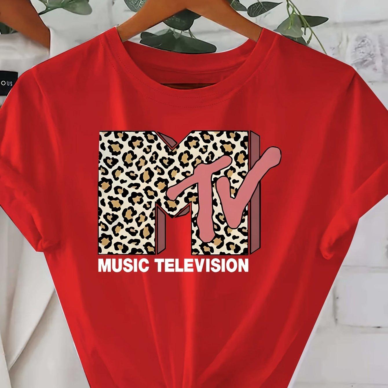 Summer Womens MTV leopard print letter graphic print fashionable casual sports loose round neck short sleeved Tshirt top S