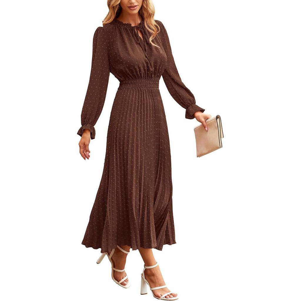 Women's Summer Fashion Loose V-Neck Long Sleeve Tie Solid Color Dresses