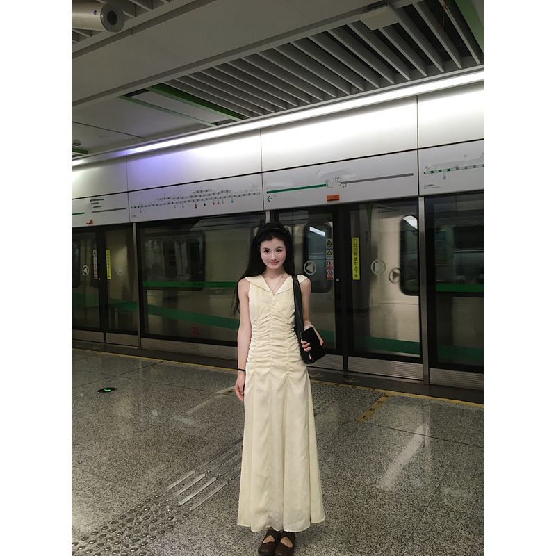 

Kumikumi Holiday Style Niche Sailor Collar Pleat Vest Dress Women Summer Slim fit Slimming Chic Long dress Navy Dress M