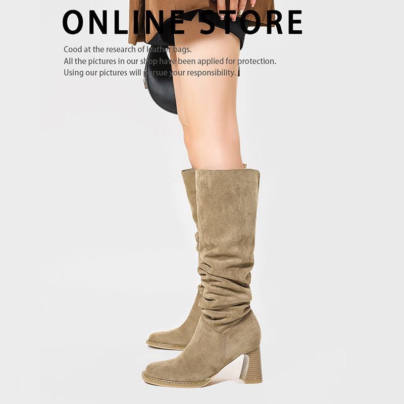 Western wind pile cowboy boots women's new round head high heel fashion boots over the knee suede retro boots