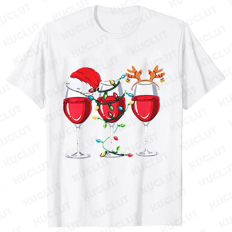 Christmas Wine T Shirts for Women Clothing Funny Cartoon Tshirts Kawaii Fashion Tshirt Korean Female Tops Christmas Wine Tees