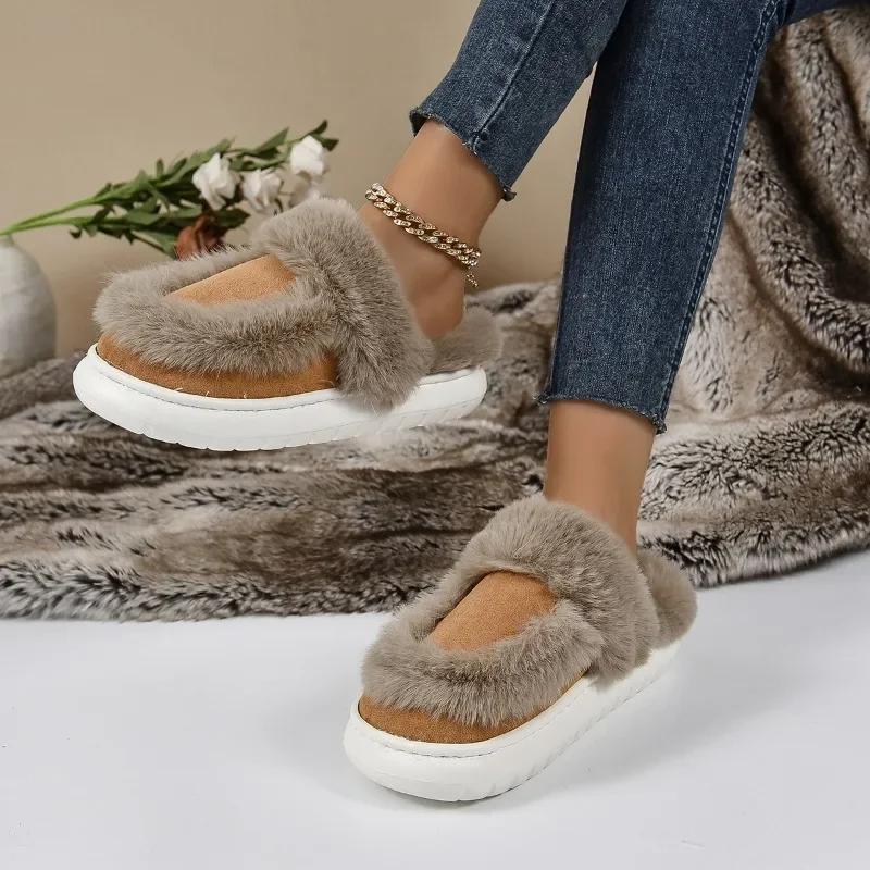 Fashion Fur Snow Slipper Women Korean Platform Slippers Luxurious Long Plush Warm Soft Indoor Thick Sole Footwear Cotten Shoes 2024