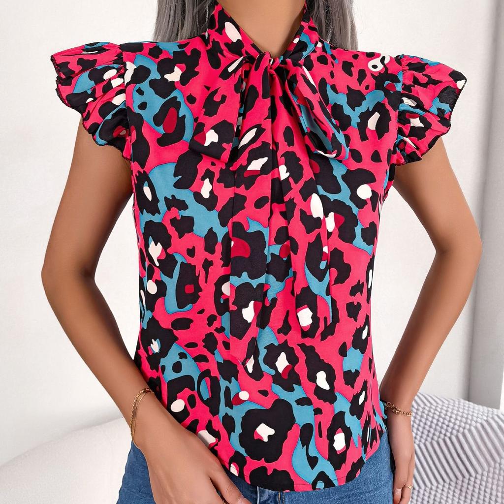 GMXIA Damenmode, lässig, Sommer, ärmellos, V-Ausschnitt, lockere Blusen und Chiffon-Oberteil mit Leopardenmuster, mit Holzohren besetzten und gebundenen Hemden