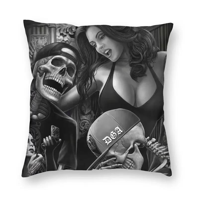 Halloween Zuckerschädel Mädchen Kissenbezug Sofa Heim Dekoration Mexikanisch Chicano Stil Quadratischer Wurfkissenbezug 40x40cm