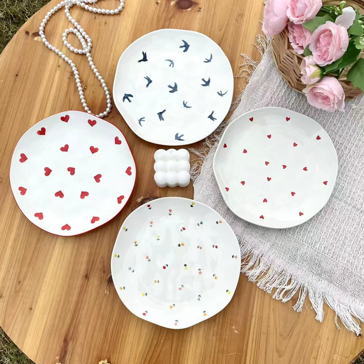Baifenbai Home Furnishing Ins Wind Irregular Floral Hand-Squeezed Ceramic Cake Plate, Cute Underglaze Color High-Value Dessert Bread Plate Deep Plate