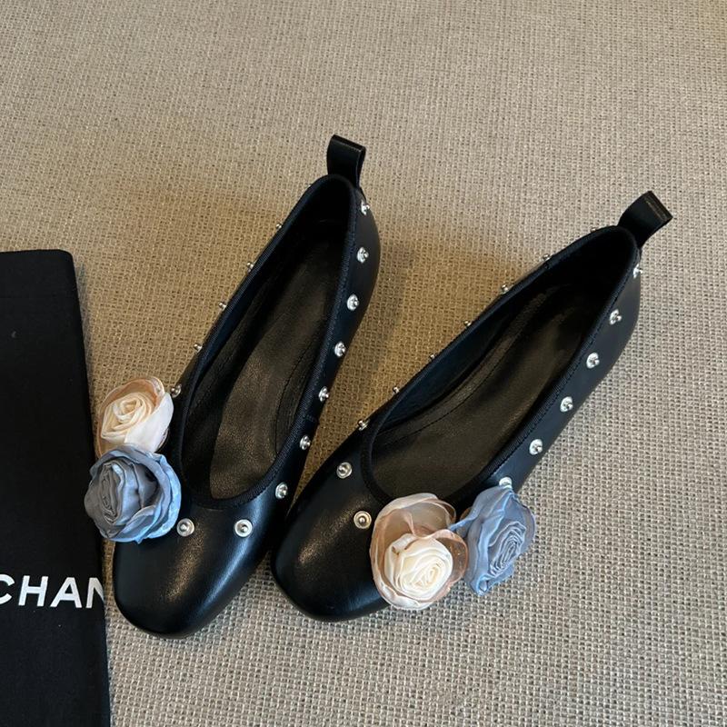 Modische Ballerinas für Damen 2025 Neu Frühling Herbst Blume Leder Runde Zehennieten Bequem Flacher Ausschnitt Flache Damenschuhe für Damen