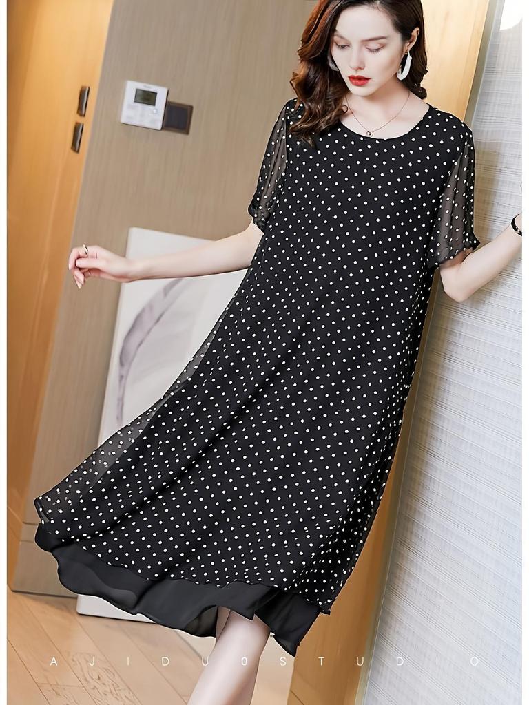 2026 Summer Chiffon Polka Dot A-line Plus Size Dress for Middle-aged Women