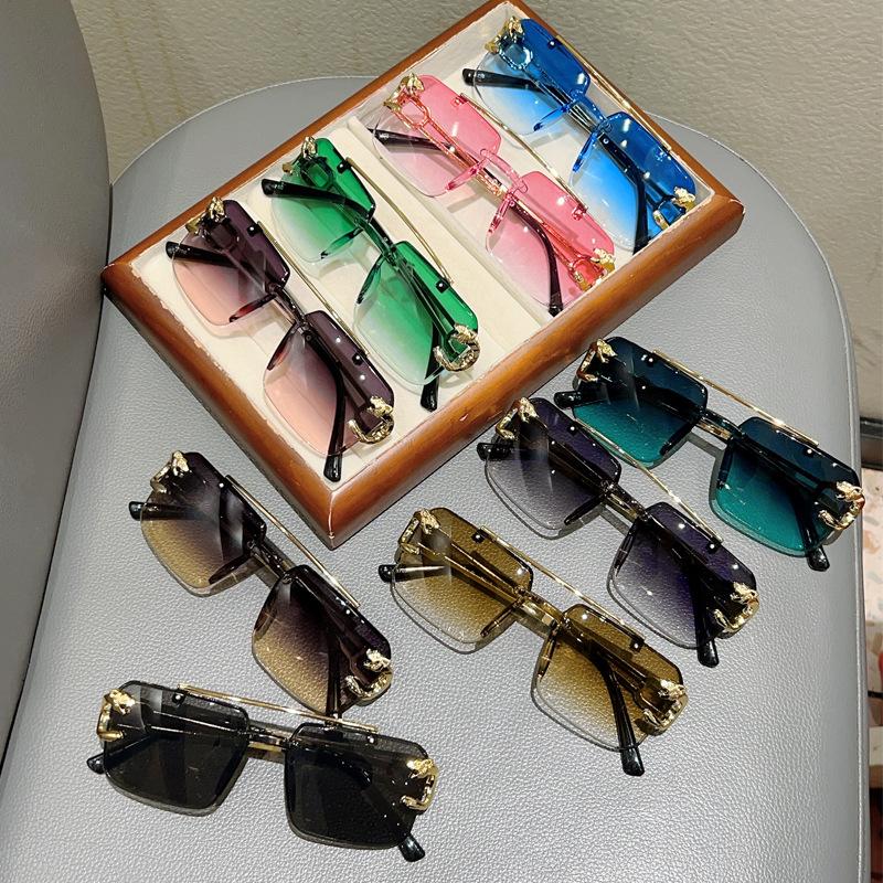 Men'S Handsome Fashion Leopard Head Trimmed Frameless Ocean Sheet Sunglasses Light Luxury Double Beam Driving Sunscreen Sunglasses