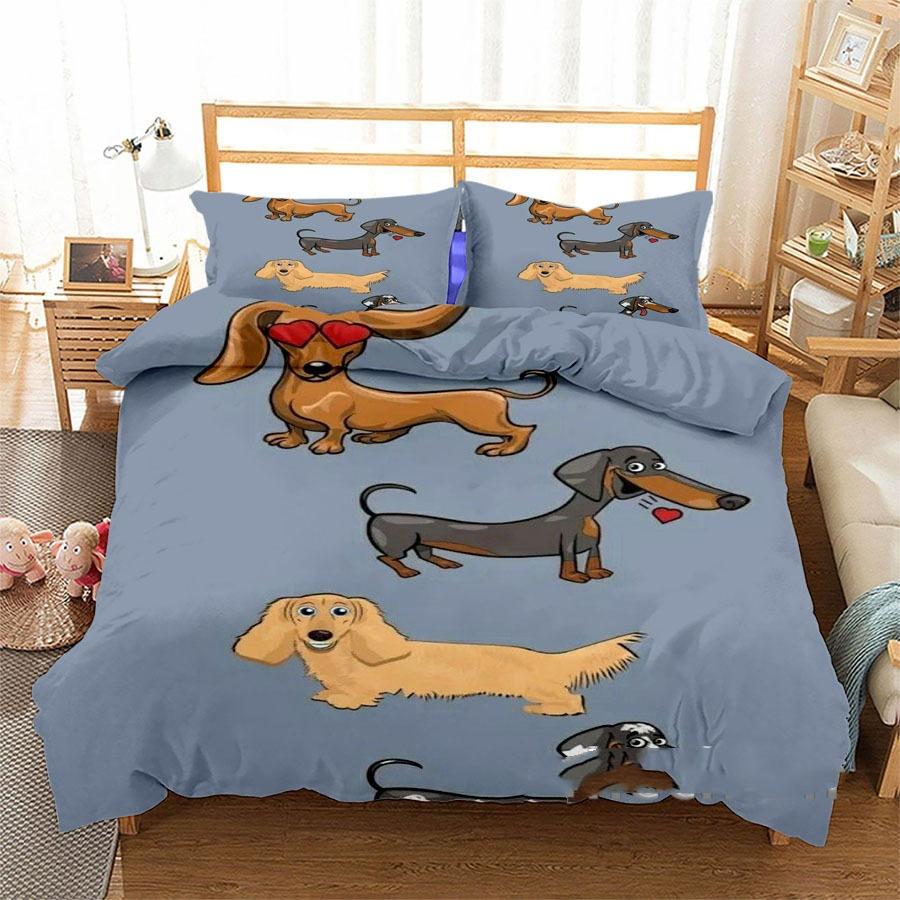 3D Digital Printing Three-Piece Set Cute Funny Dachshund Quilt Cover Pillowcase Bedding