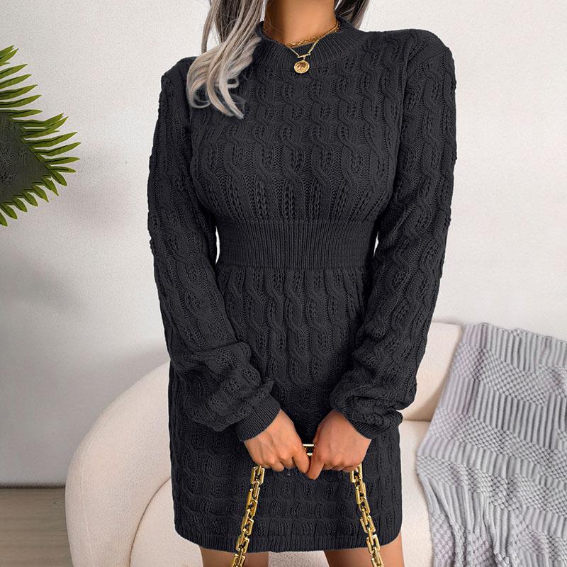 Autumn Winter Women's Solid Color Sweater Dress Casual Slim-fitting Sexy Bodycon Dress Crew Neck Knitted Dress