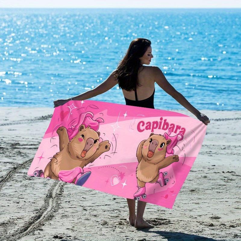 1Pc 1Pc Pink Roller Skate Capybara Beach Towel Cute Cartoon Quick Dry Bath Towel For Swimming At The Beach Absorbent Large Towe