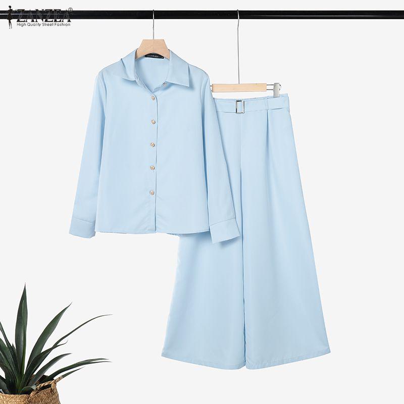 ZANZEA Women Long Sleeve Blouse and Wide Leg Pants Elegant Two Piece Suit Sets