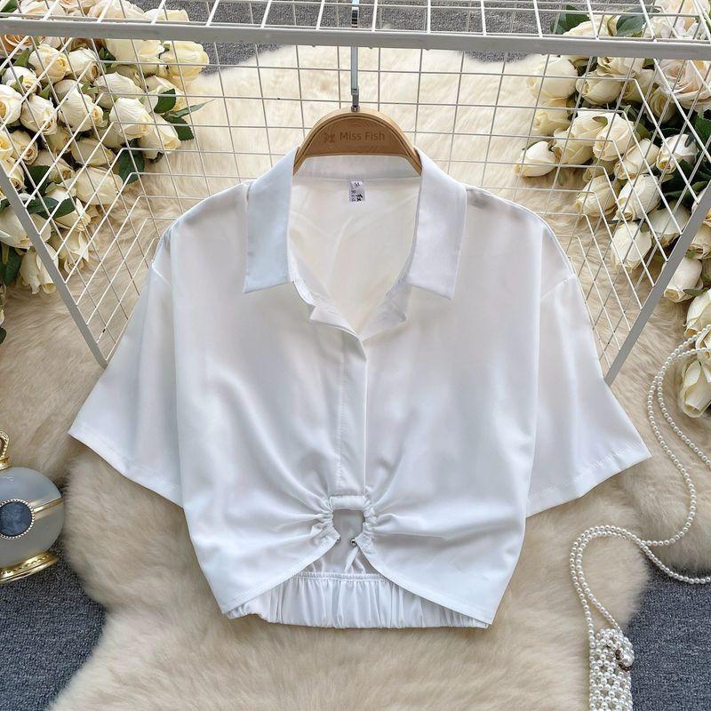 

Younger Bare Midriff Slim Fit Easiest for Match Trendy Short Sleeve Shirt White S