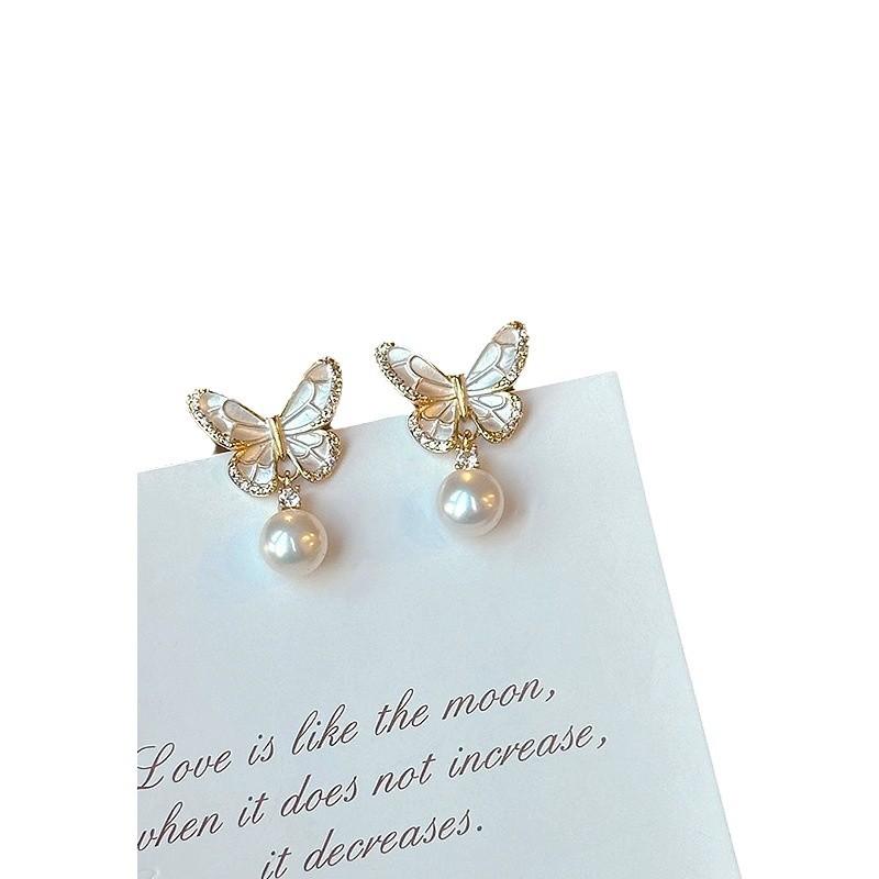Hot Selling Butterfly Pearl Earrings for Women, Fashionable, High-end, Light Luxury, Enamel Craft Design, Whitening Earrings