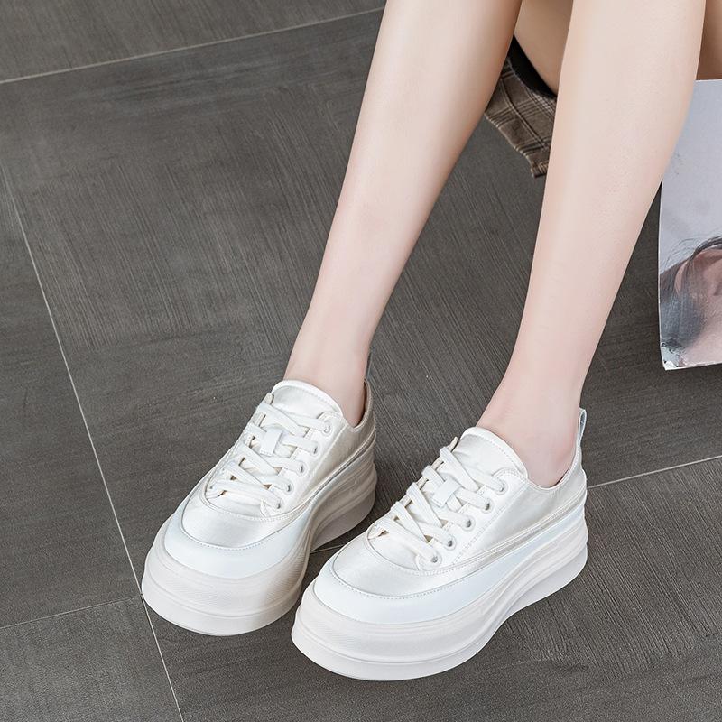 Thick-soled heightening satin board shoes women's spring new muffin versatile niche breathable casual sports little white shoes