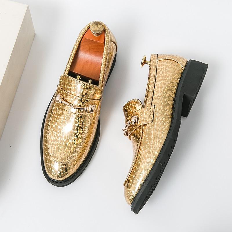 Thick Bottom New Pointed Gold Silver Blue Wedding Metal Button Leather Shoes for Men Casual Loafers Homecoming Dress Footwear