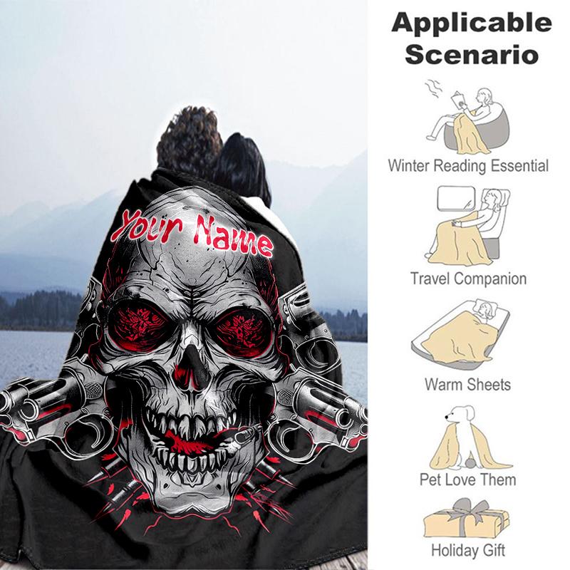 1PC Custom Name Skull Guns Artwork Flannel Blankets Patterns Throw Blanket All-Season Soft Gift for Couch, Bed, Camping Gifts