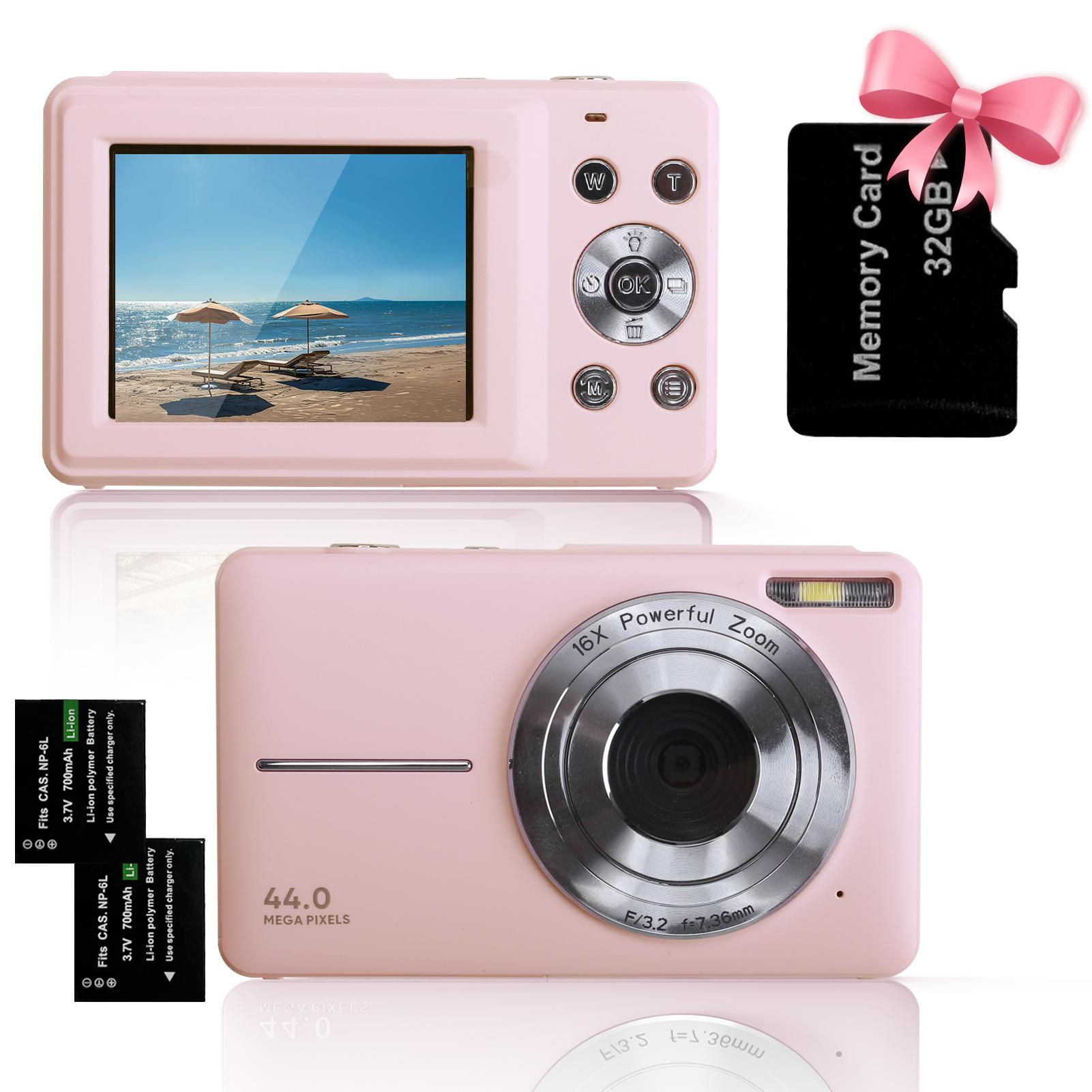 

Цифрова камера 1080P FHD Камера 44МП Компактна Вінтажна З 32 ГБ Карткою 16X Зум Реквізит для Фотобудки для Дітей Підлітків рожевий