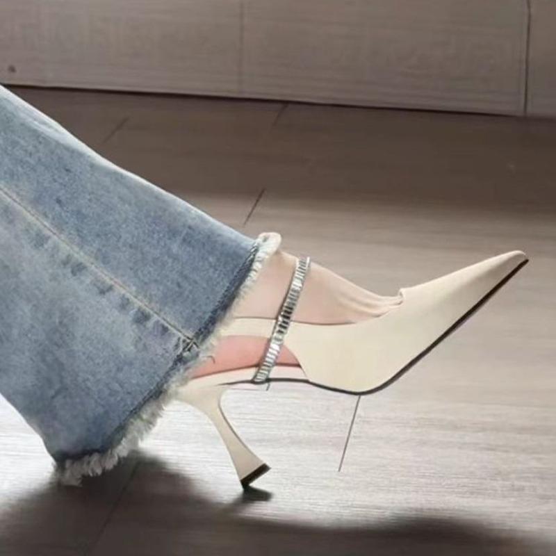 Back strap black pointed high heels spring and summer single shoes sandals women's black
