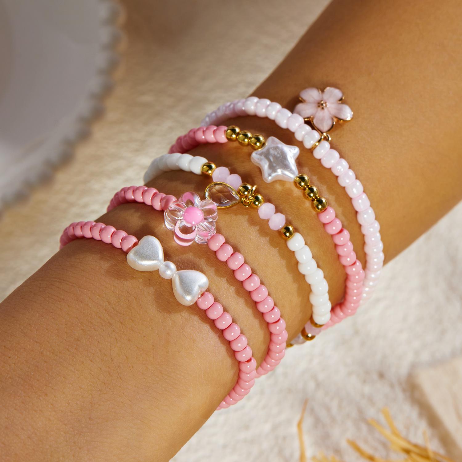 

Dainty Floral Imitation Pearl Chain Bracelet Set for Women Dopamine Flower Bow Beaded Stretchy Bracelets Summer Jewelry Gift