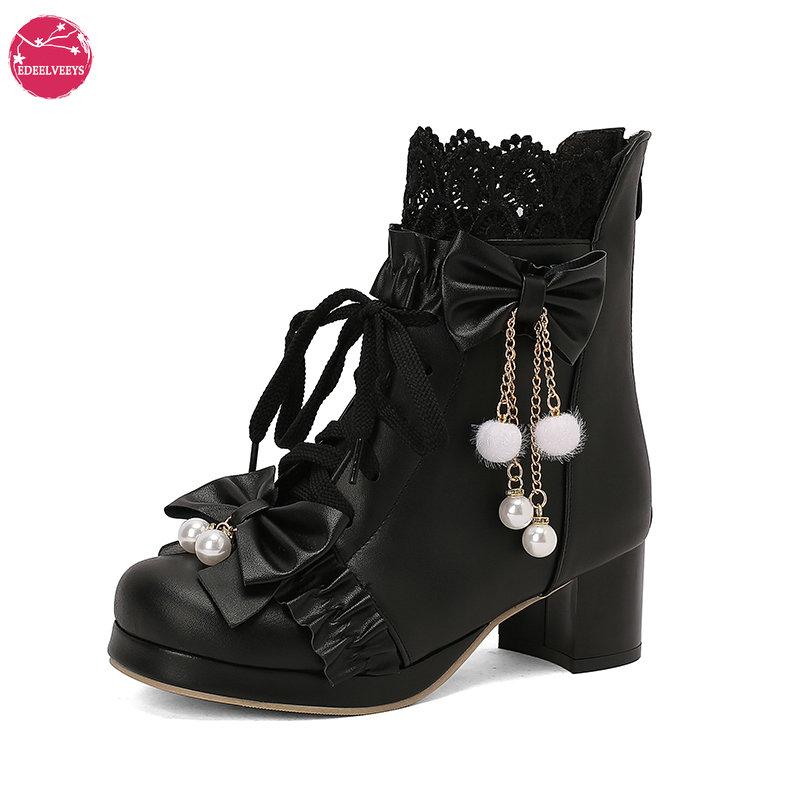 Women Goth Lolita Platform Boots Chunky High Heels Ankle Boots Lace Buckle Gothic Cosplay Booties Zipper Punk Shoes