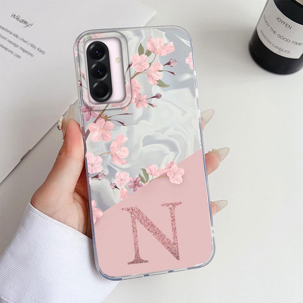 A Z Pink Letter Peach Flower Shockproof Phone Case For Samsung Galaxy A15 A25 A35 A55 A13 A14 A53 A52 A34 A24 Couple TPU Cover