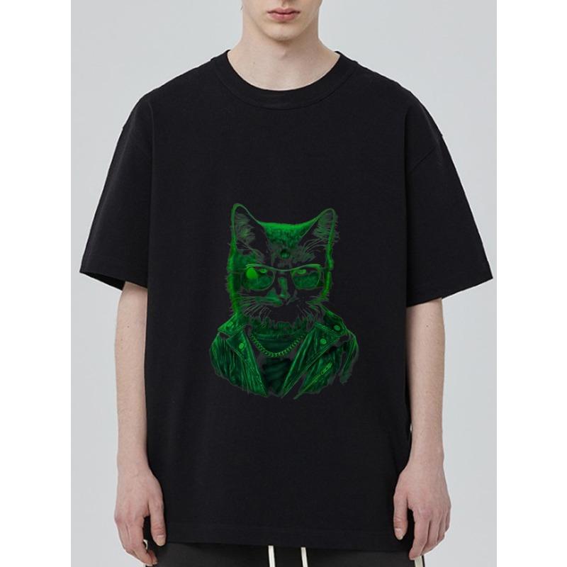 

Black Oversized T Shirt with Green Cat Wearing Sunglasses and Leather Jacket Graphic for Casual Streetwear Style XXXXL чёрный