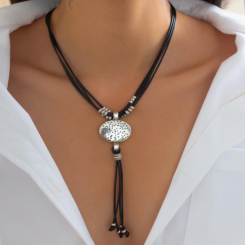 Trendy Oval Metal Necklace Bracelet Set For Women Vintage Gold Silver Color 2Pcs/Set Faux Leather Double Layered Chain Jewelry