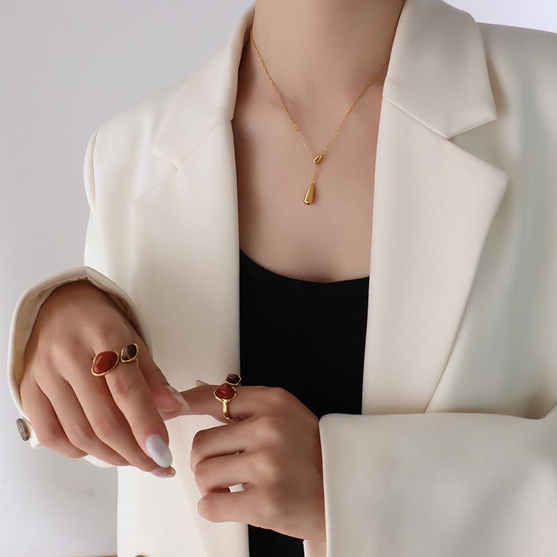 Non-Fading Minimalist Geometric Metal Teardrop Tassel Titanium Steel Necklace for Women (P332)