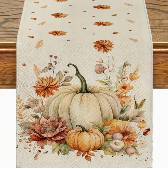 Autumn Leaves Pumpkin Table Runner: Linen Thanksgiving Decoration for Kitchen & Dining