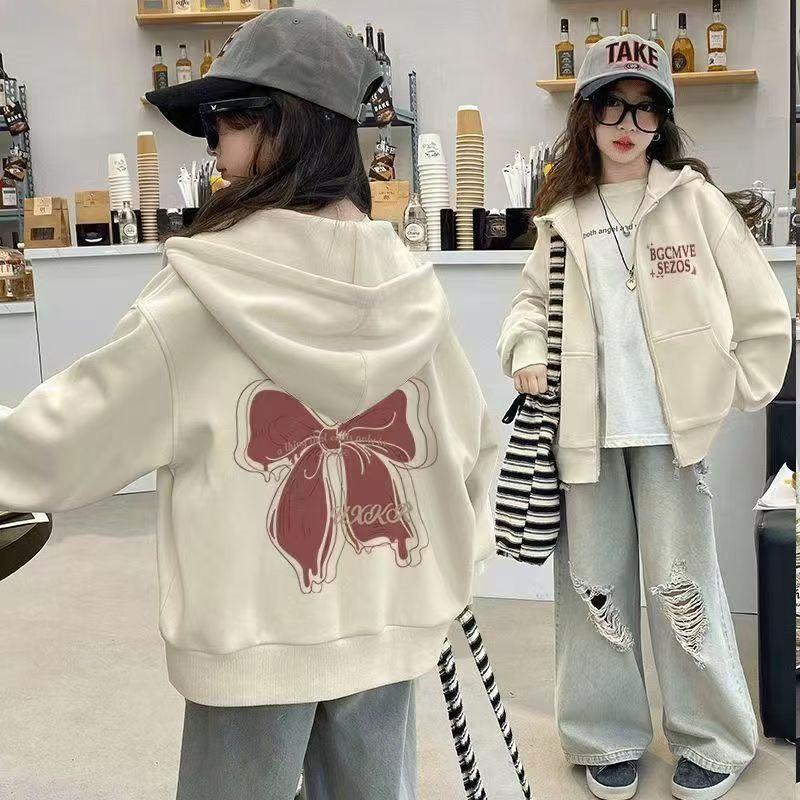 

Девочки Куртки на весну с капюшоном Детское пальто с принтом бантика 2025 Детская осенняя модная верхняя одежда Подростковые толстовки с длинным рукавом 150