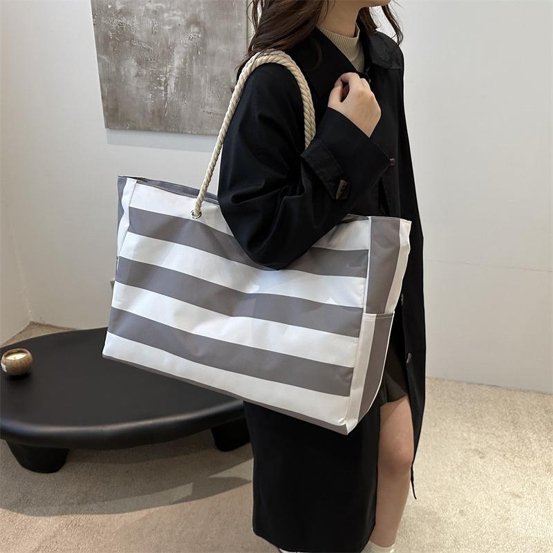 Striped Canvas Casual New Fashion Personalized Large Capacity Commuting Rope Tote Shoulder Bag Women