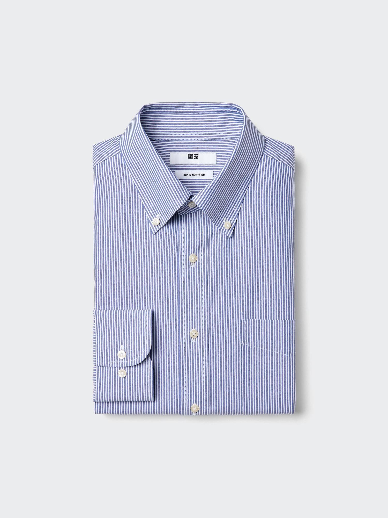 

Uniqlo Супер немнущаяся рубашка Длинный рукав Воротник на пуговицах Полоска А 66 BLUE/MEN 3XL