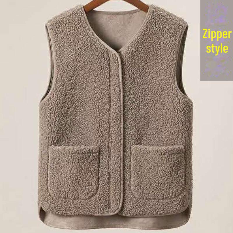 Chaleco de lana de cordero con cremallera para mujer, otoño/invierno, con pelo grueso