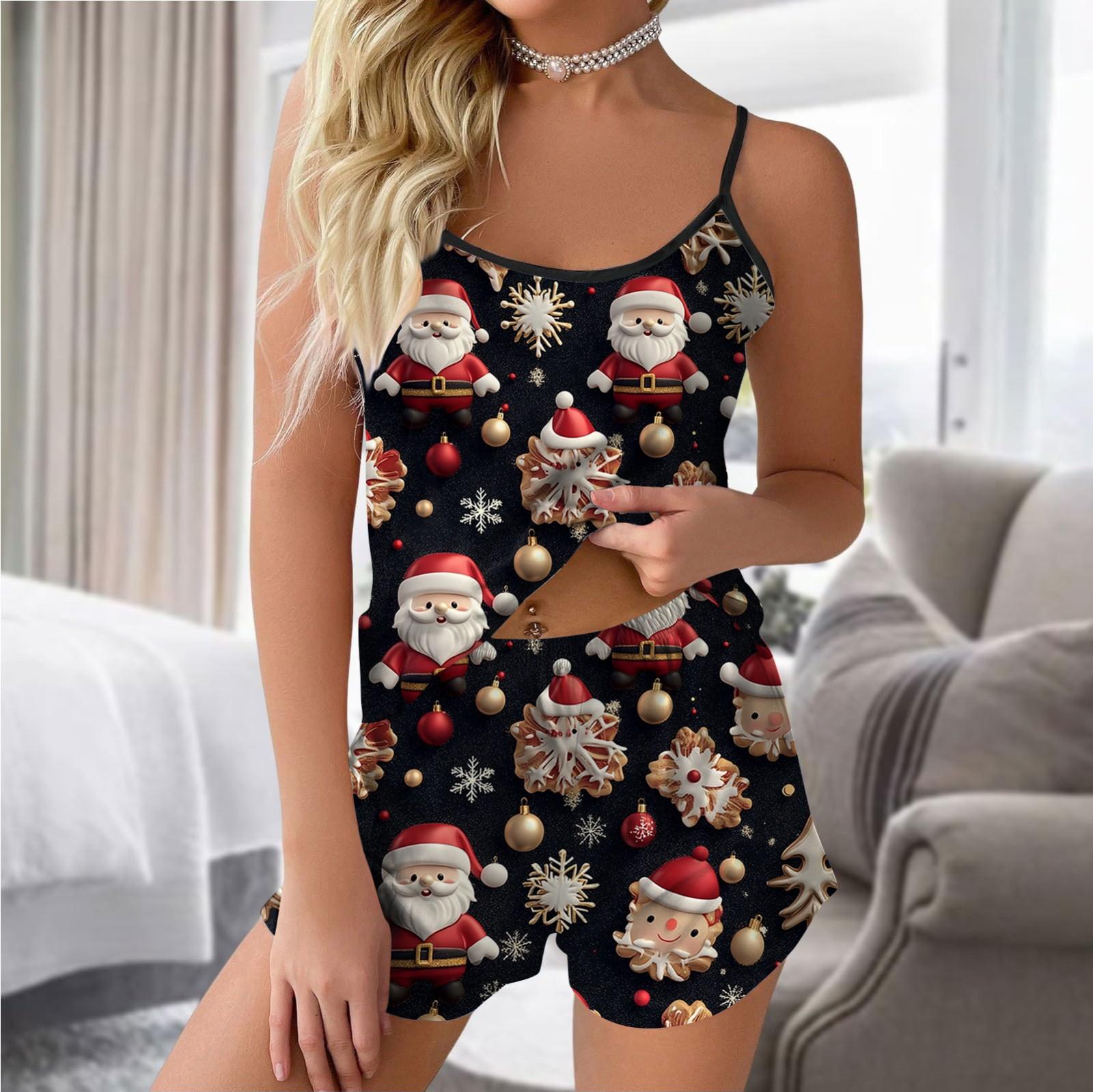 

Женская мода повседневный безрукавный топ шорты пижамный комплект с рождественским принтом XL чёрный