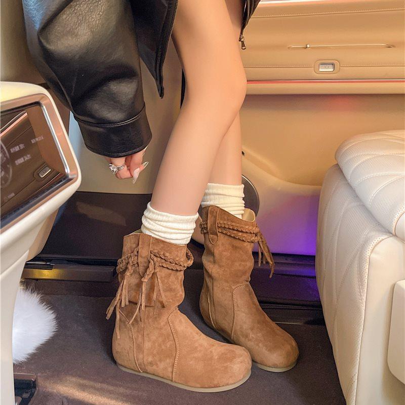 Medium boots slim women's Su 2025 pile autumn and winter flat-bottomed knight boots new wasteland wind retro short boots women's no