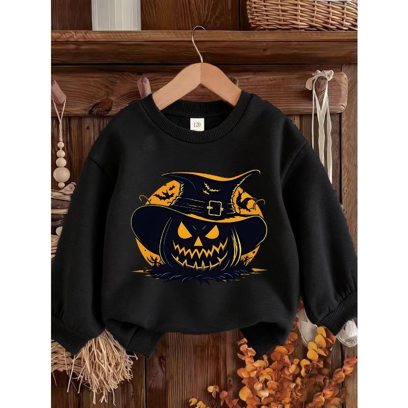 Girls' Beige White Short Sleeve Sweatshirt - Pinkish-Beige Round Neck Casual Winter Sweater with Witch & Pumpkin Print