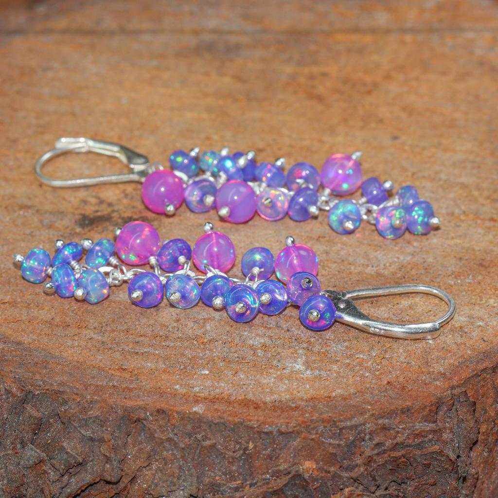 AAA Purple and Lavender Multifire Opal Cluster Earring, Opal Gemstone Handmade Beads Earring, Birthstone Earring for Women, Delicate Gift
