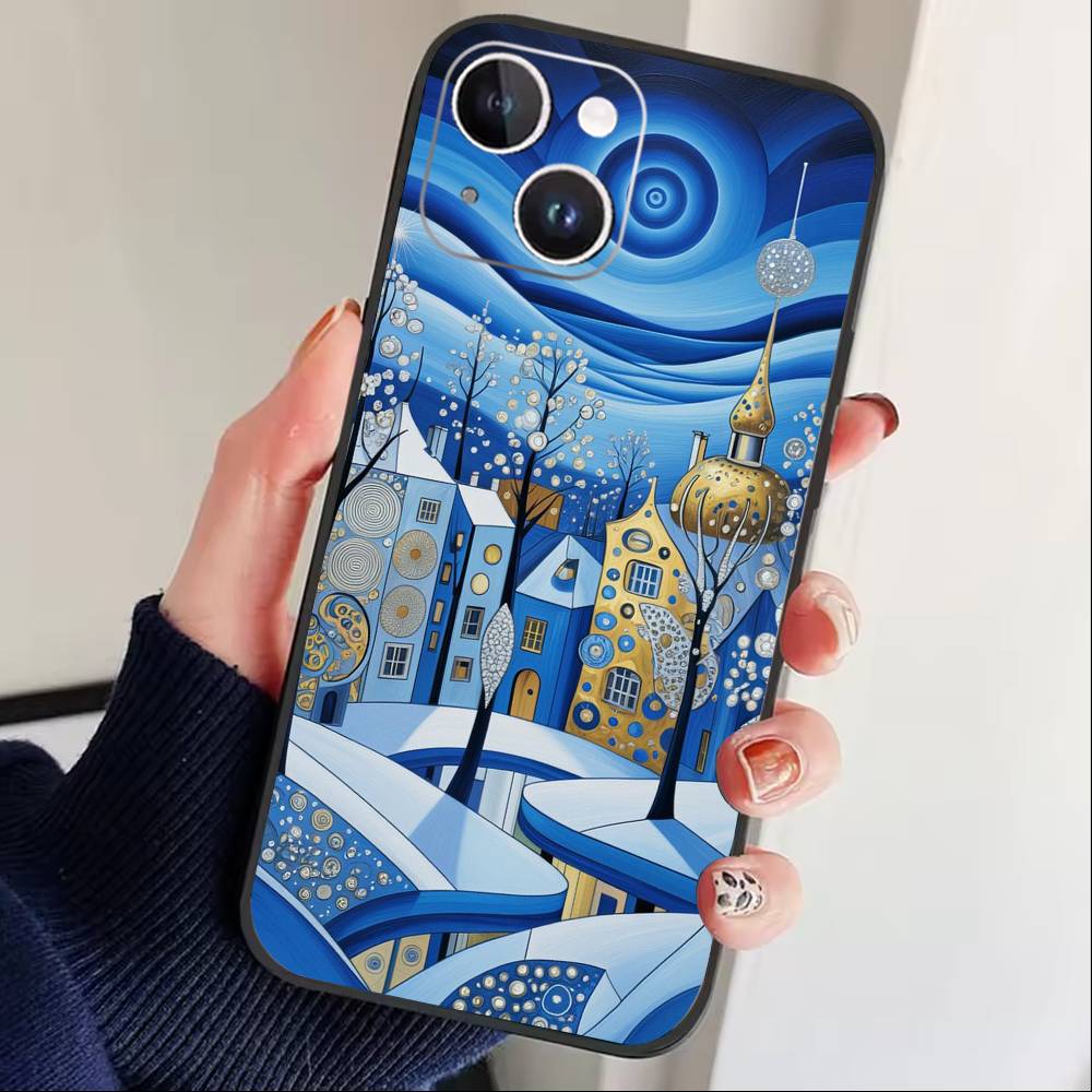 

Whimsical landscape Starry Night Phone Case For iPhone 17 16 15 14 13 12 Max Plus Silicone Black Cover iPhone12