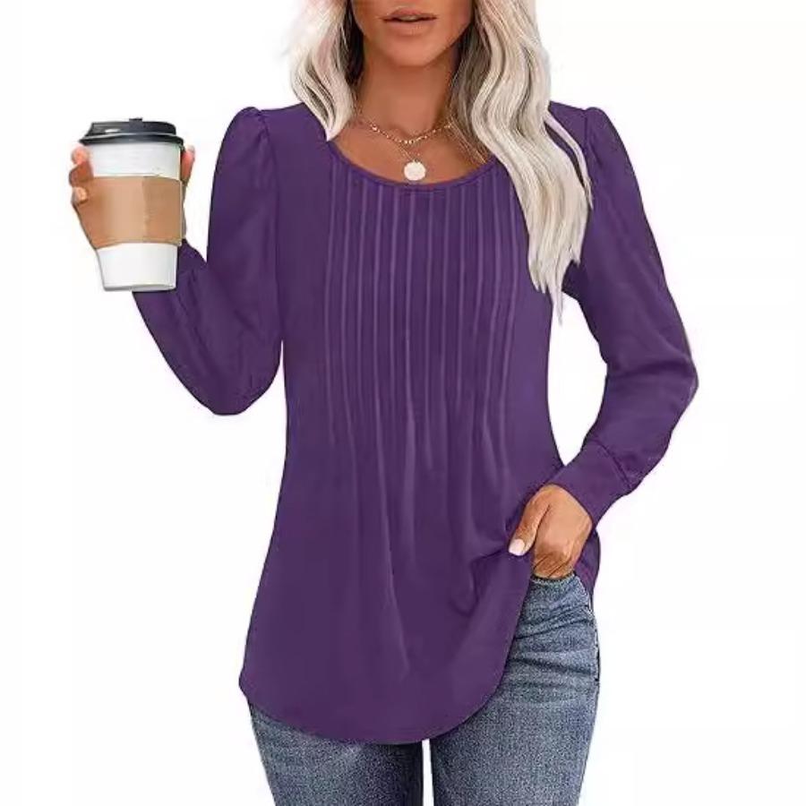 Maglietta a maniche lunghe da donna autunnali, alla moda, casual, plissettata, con scollo rotondo basso, abbigliamento da donna