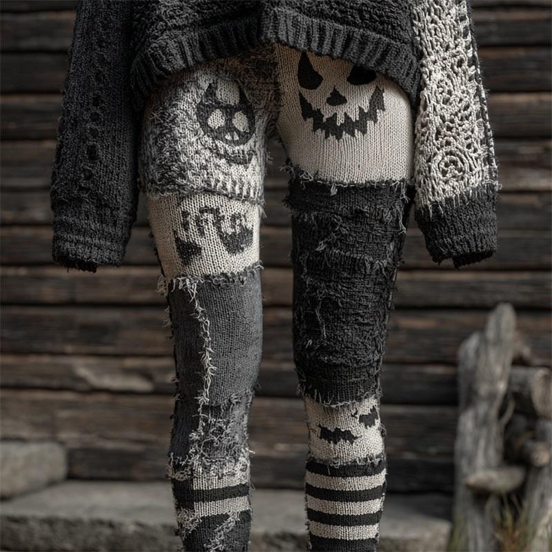 Vintage 3D kötött leggings nőknek gótikus mintával magas derék szűk nadrág Y2K punk utcai viselet rugalmas karcsúsított nadrág