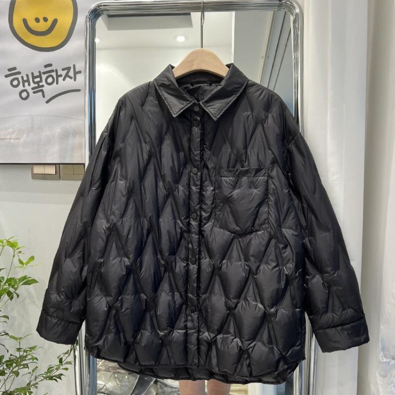 Winter new shirt collar pressed down jacket women's literary and leisure rhombus white duck down warm bread jacket