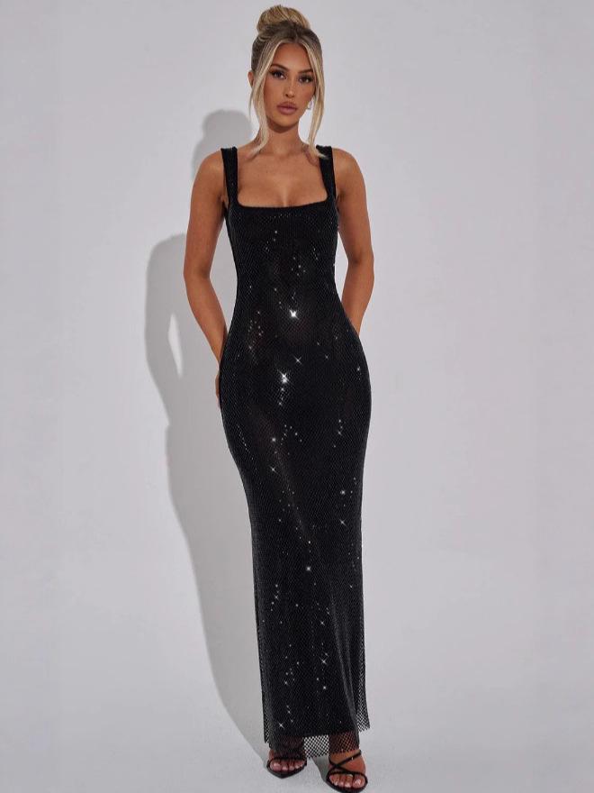 Elegant 2025 Sequin Rhinestone Bodycon Evening Dress with Double Shoulder Strap