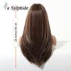 Women's Long Layered Curly Wig with Straight Bangs, Brown Highlights, Full Head Cover, Machine-Made with Chemical Fiber Rose Net, 2026 Hot Style.