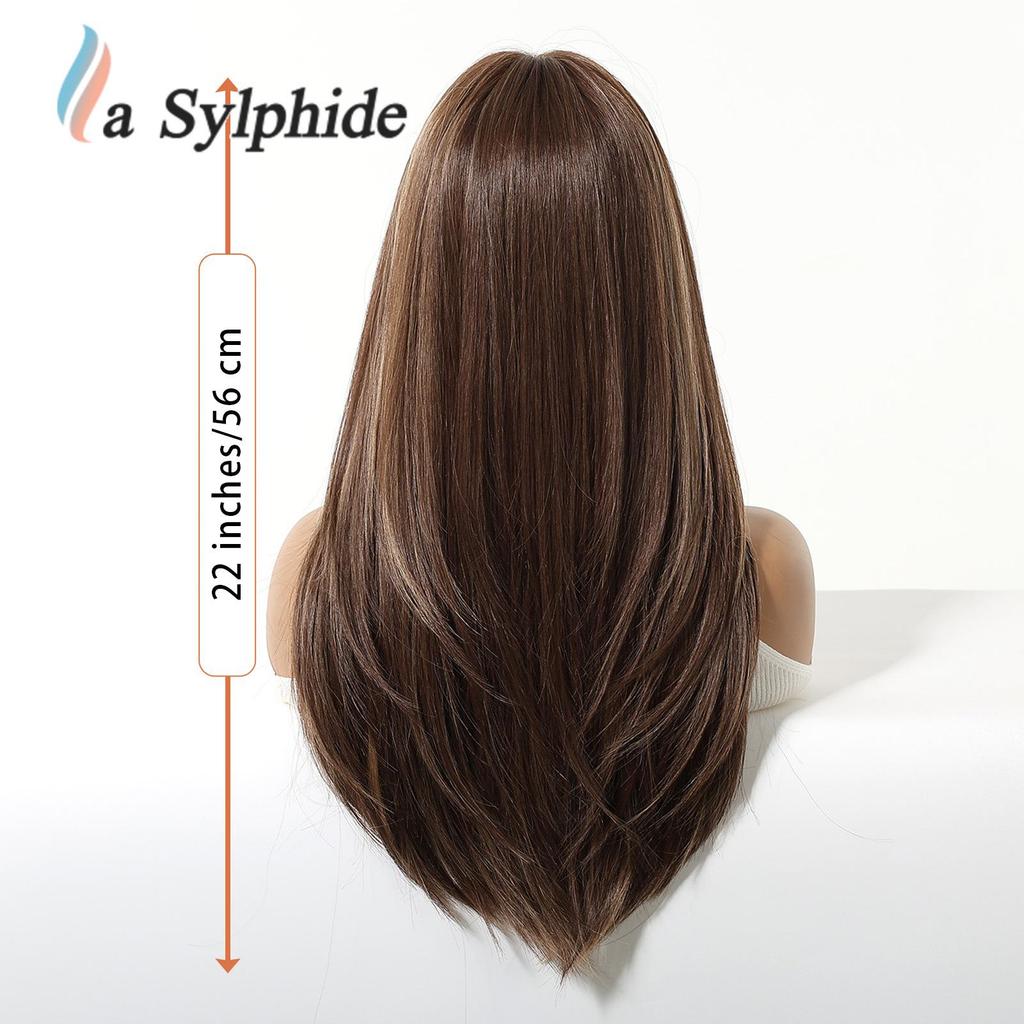 Women's Long Layered Curly Wig with Straight Bangs, Brown Highlights, Full Head Cover, Machine-Made with Chemical Fiber Rose Net, 2026 Hot Style.