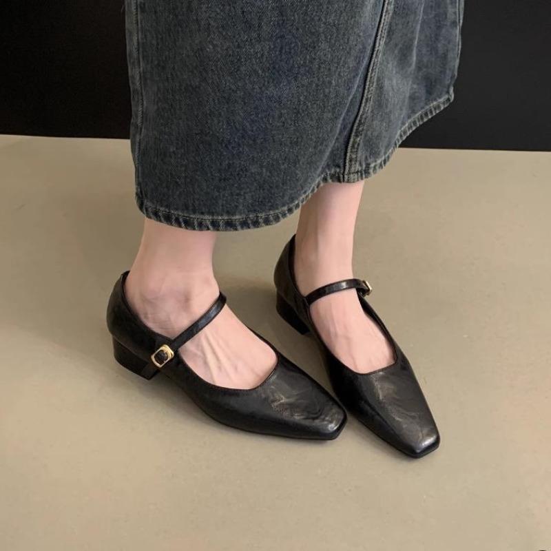 

Fashion Mary Jane Shoes for Women Elegant Thick Heel Pumps Classic Retro Square Toe Comfortable Soft Shallow Woman Office Leather Shoes 35
