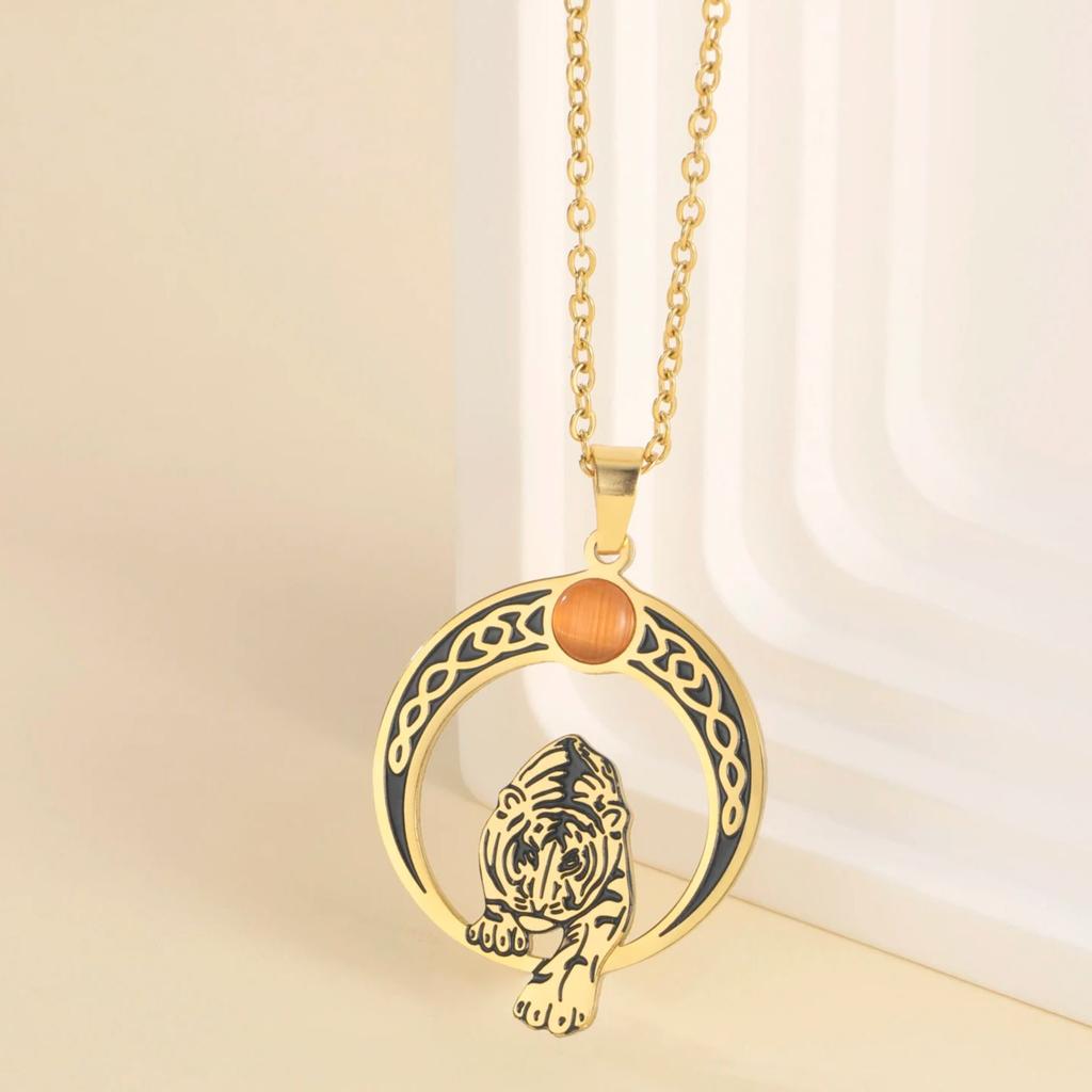 LIKGREAT Vintage Crescent Knot Tiger Necklace Stainless Steel Pendant Necklaces Gothic Punk Amulet Jewelry Gift for Men Women