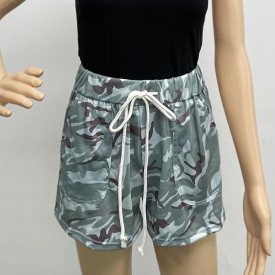 Elastic Waistband Pockets Female Shorts Straight Camouflage Print Drawstring Loose Shorts Streetwear