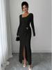2026 Korean European Style Split Maxi Dress - Elegant Slim Fit Knit with Long Sleeves and Hip-Hugging Design
