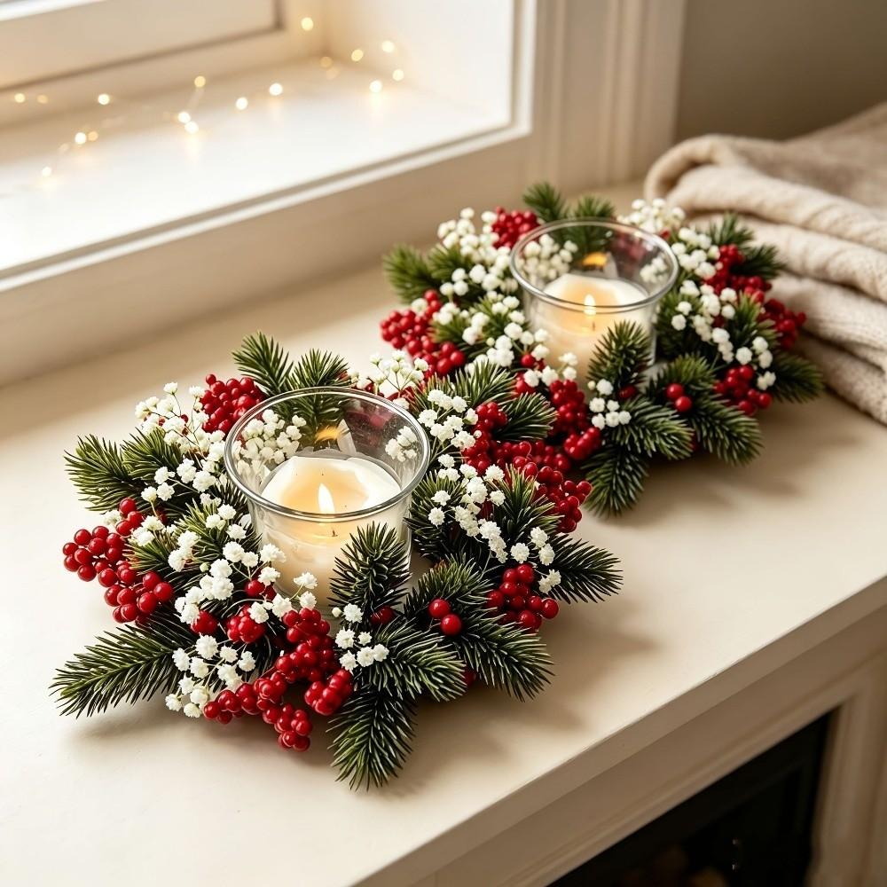 Red Berry Christmas Wreath Candlestick Flower Pillar Candlestick Wreath Candle Holder  Home Decor